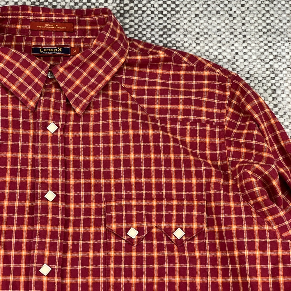 CremielX Western Shirt Mens XL Red Orange Plaid Pearl Snap Long Sleeve Cotton